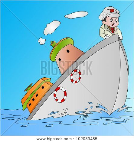 Ship Sinking with Captain, vector illustration