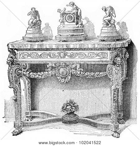 Bronze Table with Ornaments from Escurial, Spain, during the 18th century, vintage engraved illustration. Industrial Encyclopedia - E.O. Lami - 1875