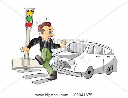 Road Safety, Man About to be Hit by a Car, vector illustration