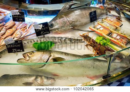 Kotor, Montenegro - September 02, 2015: Cogimar Fish Shop. Fresh Fish On Ice For Sale At Market Clos