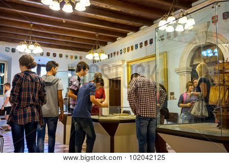 Kotor, Montenegro - September 10, 2015: Maritime Museum Of Montenegro. Visitors Looking At The Expon