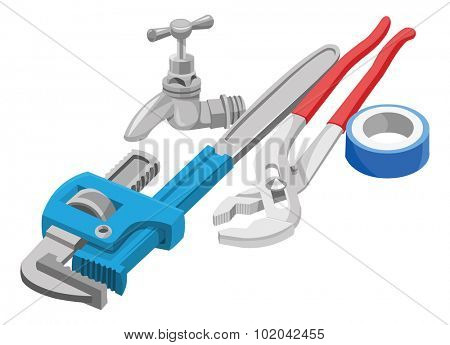 Vector illustration of wrench, tap and adhesive tape on white background.