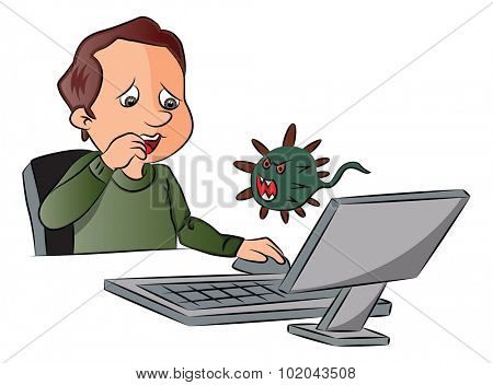 Vector illustration of man scared by looking at virus attack while using computer.