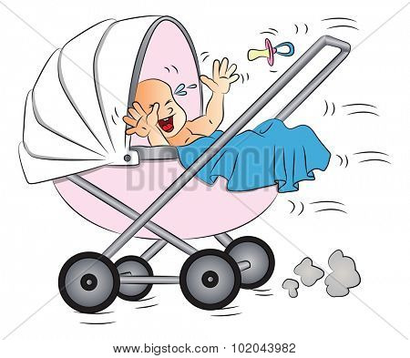 Vector illustration of baby crying in pram.