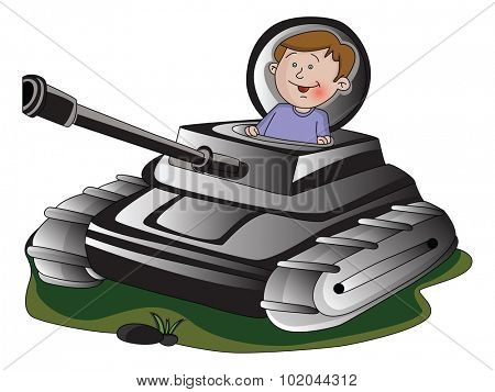 Vector illustration of a boy in army tank.
