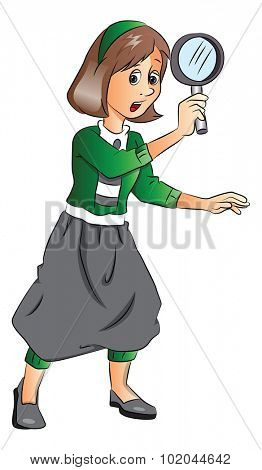 Vector illustration of young woman holding magnifying glass.