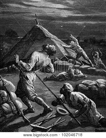 Geographic dramas. Pierre Arnoux and the Kingdom of Shoa, A native struck a spear, vintage engraved illustration. Journal des Voyage, Travel Journal, (1880-81).
