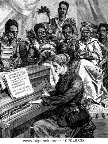 Ida Pfeiffer. Playing the piano at the court of Queen Pomare, vintage engraved illustration. Journal des Voyage, Travel Journal, (1880-81).