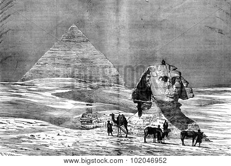 Through egypt. The Pyramids of Giza, vintage engraved illustration. Journal des Voyage, Travel Journal, (1880-81).