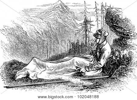 M.Whymper in his blanket-bag, vintage engraved illustration. Le Tour du Monde, Travel Journal, (1872). 