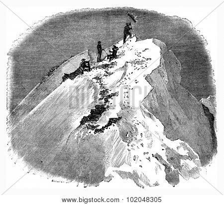 Summit of the Matterhorn, vintage engraved illustration. Le Tour du Monde, Travel Journal, (1872). 