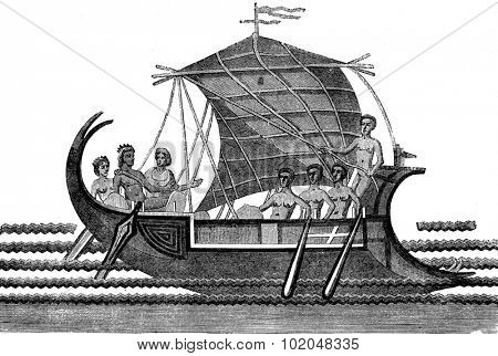 Mosaic depicting Theseus escape from the labyrinth of Crete after killing the Minotaur, vintage engraved illustration. Le Tour du Monde, Travel Journal, (1872). 