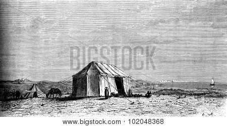 Camp on the ruins of Utica, vintage engraved illustration. Le Tour du Monde, Travel Journal, (1872).
