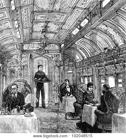The cars of the Pacific Railroad. The dining car, vintage engraved illustration. Journal des Voyages, Travel Journal, (1879-80).