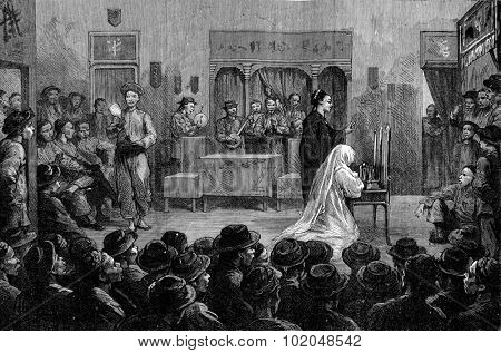 Chinese theater, vintage engraved illustration. Journal des Voyages, Travel Journal, (1879-80).