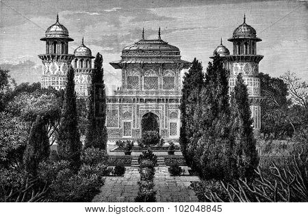 Mausoleum I'timad-ud-Daulah, in Agra, vintage engraved illustration. Le Tour du Monde, Travel Journal, (1872). 