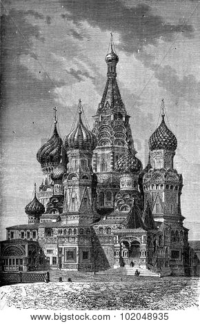 St. Basil Church on the Red Square in Moscow, vintage engraved illustration. Le Tour du Monde, Travel Journal, (1872). 