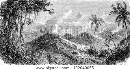 Volcanoes Turbaco, vintage engraved illustration. Le Tour du Monde, Travel Journal, (1872). 