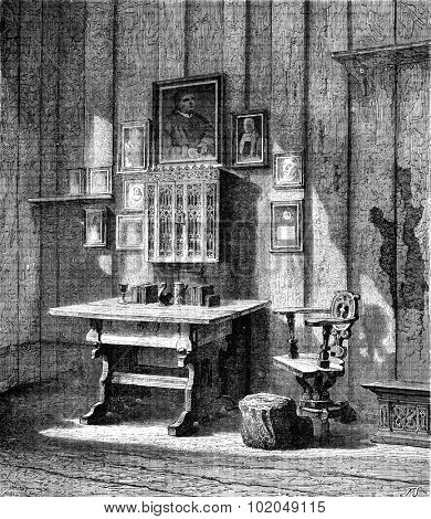 Luther's room at Wartburg,. the ink stain, vintage engraved illustration. Le Tour du Monde, Travel Journal, (1872).