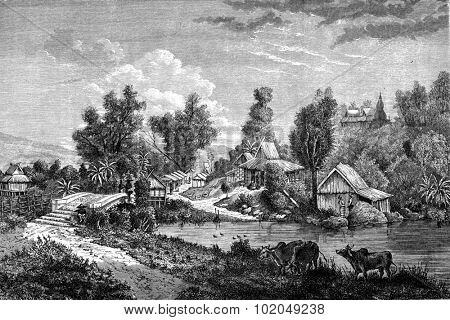 Chinese Bridge in Muang Long, vintage engraved illustration. Le Tour du Monde, Travel Journal, (1872). 