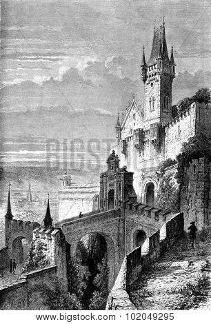 The ancient castle of Cobourg, vintage engraved illustration. Le Tour du Monde, Travel Journal, (1872).