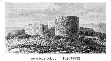 Sidon Sea Castle in Sidon, Lebanon, vintage engraved illustration. Le Tour du Monde, Travel Journal, 1881