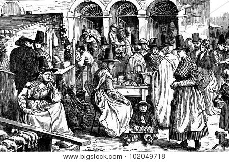 Market in Wales, vintage engraved illustration. Journal des Voyage, Travel Journal, (1879-80).