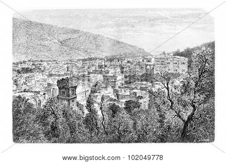 City of Nablus in West Bank, Israel, vintage engraved illustration. Le Tour du Monde, Travel Journal, 1881