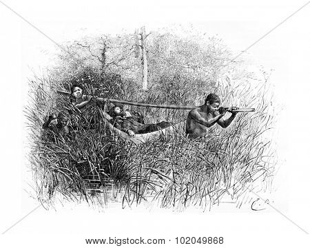 In the Swamp, in Angola, Southern Africa, drawing by Bayard based on a sketch by Serpa Pinto, vintage engraved illustration. Le Tour du Monde, Travel Journal, 1881