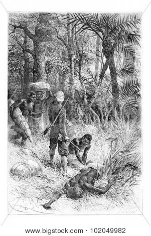 Ambouelan Hunter and His Wife and Children, in Angola, Southern Africa, drawing by Maillart based on the English edition, vintage illustration. Le Tour du Monde, Travel Journal, 1881