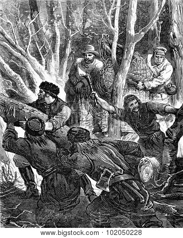 Air dramas. Must cut down trees that impeded, vintage engraved illustration. Journal des Voyages, Travel Journal, (1879-80).