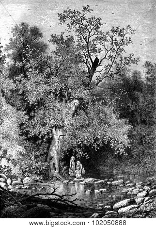 The hole Crayfish. Ever small children were not as fun, vintage engraved illustration. Journal des Voyages, Travel Journal, (1879-80).