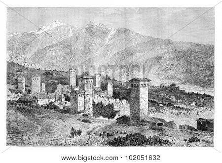 Towers of Svaneti in Svaneti, Georgia, drawing by Laurens based on a sketch, vintage illustration. Le Tour du Monde, Travel Journal, 1881