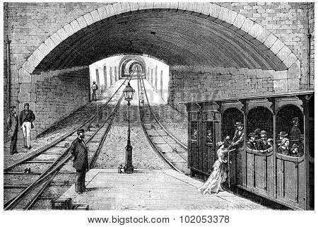 Track railway from Lyons to the Croix-Rousse, vintage engraved illustration. Journal des Voyage, Travel Journal, (1880-81).