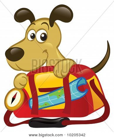 Bir büyük seyahat çantası arkasında köpek