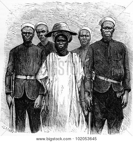 Hausa incurred by the international association, vintage engraved illustration. Journal des Voyage, Travel Journal, (1880-81).
