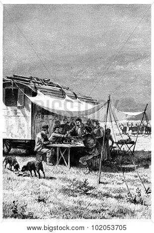 The Arctic Circle was washed down with a bottle of brandy, vintage engraved illustration. Jules Verne Cesar Cascabel, 1890.