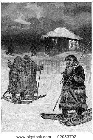 The packets were fur walking, vintage engraved illustration. Jules Verne Cesar Cascabel, 1890.