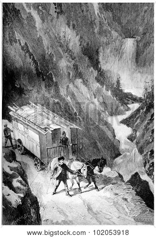 The car starts down the parade of the Sierra, vintage engraved illustration. Jules Verne Cesar Cascabel, 1890.