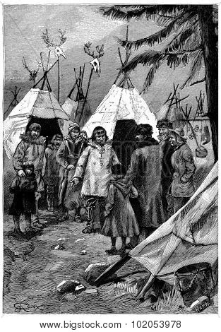 The Cascabel family wanted to get in with the natives, vintage engraved illustration. Jules Verne Cesar Cascabel, 1890.