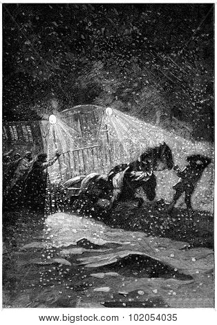The storm raged with more fury, vintage engraved illustration. Jules Verne Cesar Cascabel, 1890.