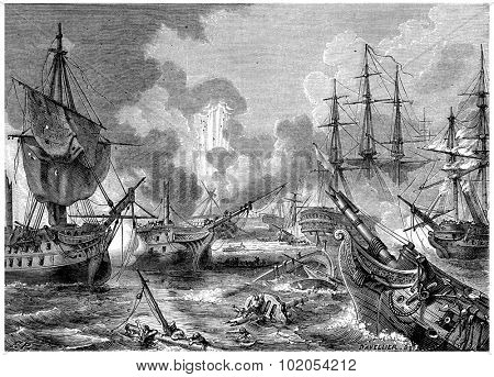 Battle of Navarino, vintage engraved illustration. History of France 1885.