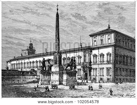 The Quirinal and the fountain of Monte Cavallo, vintage engraved illustration. History of France 1885.