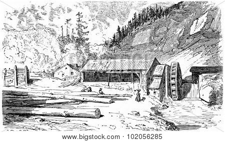 The sawmill, vintage engraved illustration. From Chemin des Ecoliers, 1861. 