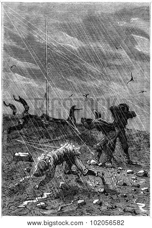 Emery was overthrown, vintage engraved illustration. Jules Verne 3 Russian and 3 English, 1872.