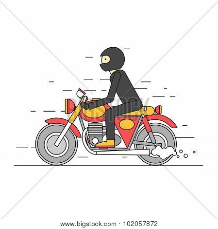 man in a helmet riding a customized motorcycle
