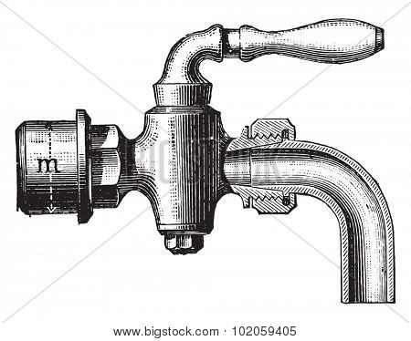 Fitting drain tap, vintage engraved illustration. Industrial encyclopedia E.-O. Lami - 1875. 