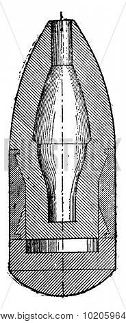 Projectile expansion, Hotchkiss, vintage engraved illustration. Industrial encyclopedia E.-O. Lami - 1875.