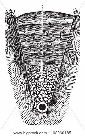 Stone or partition with pipe driver to springy ground, vintage engraved illustration. Industrial encyclopedia E.-O. Lami - 1875. 