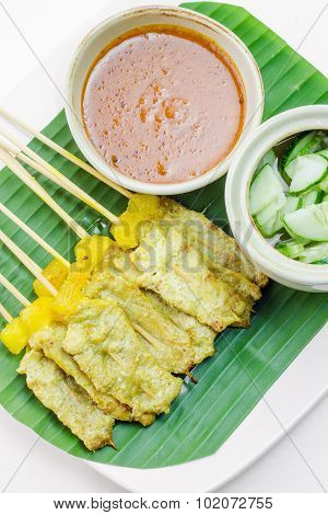 Grilled Pork Satay With Peanut Sauce And Vinegar, Thai Food.